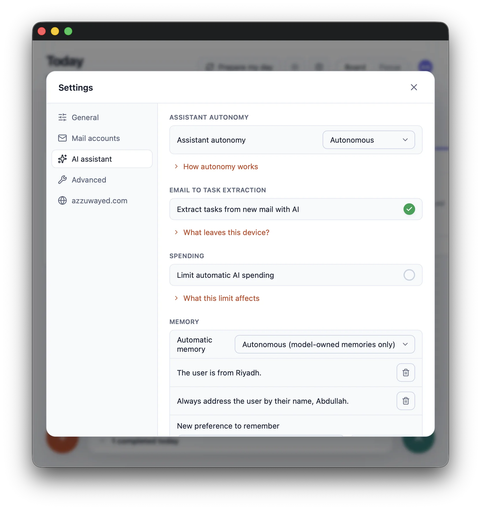 EmailTasker settings for assistant behavior and saved memory.