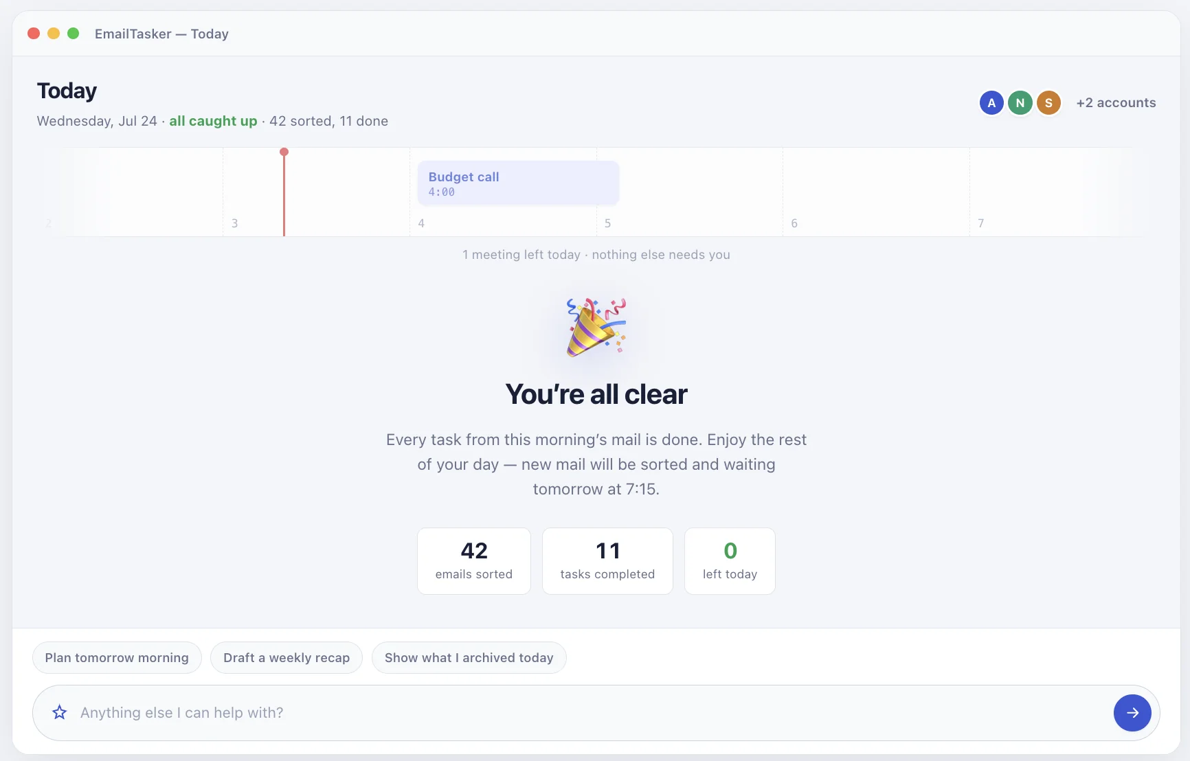 EmailTasker all-clear state after the day’s tasks are handled.
