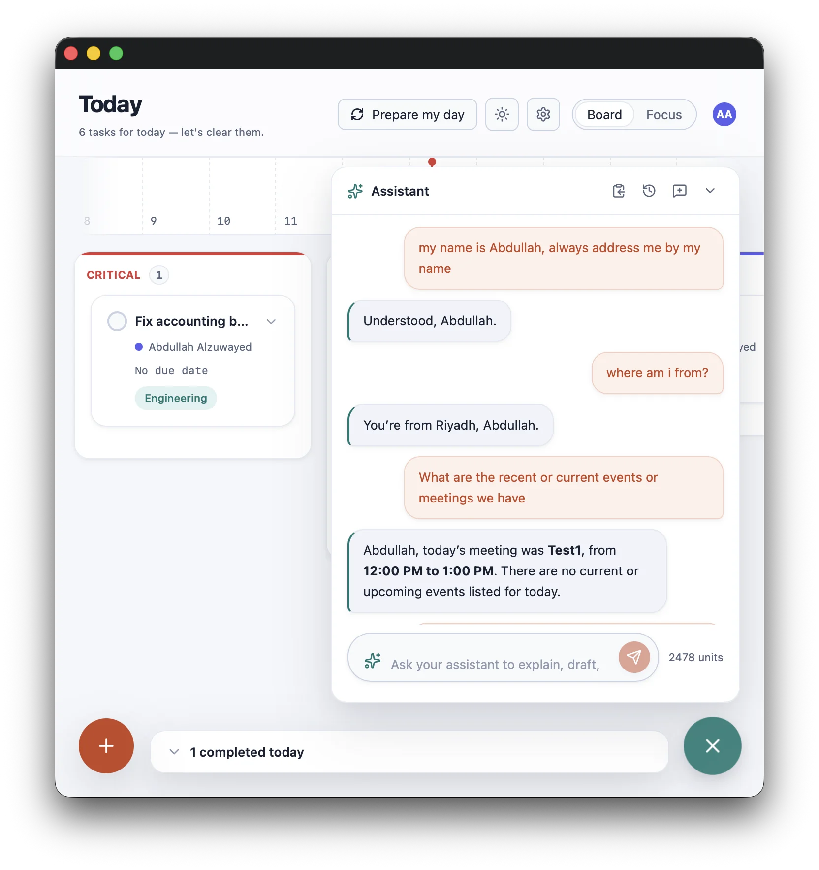 EmailTasker assistant response with task context and an approval state.