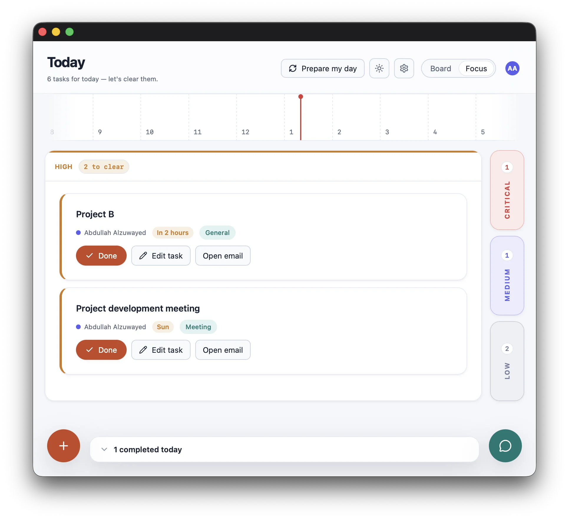 EmailTasker Focus view with a timeline and compact priority columns.