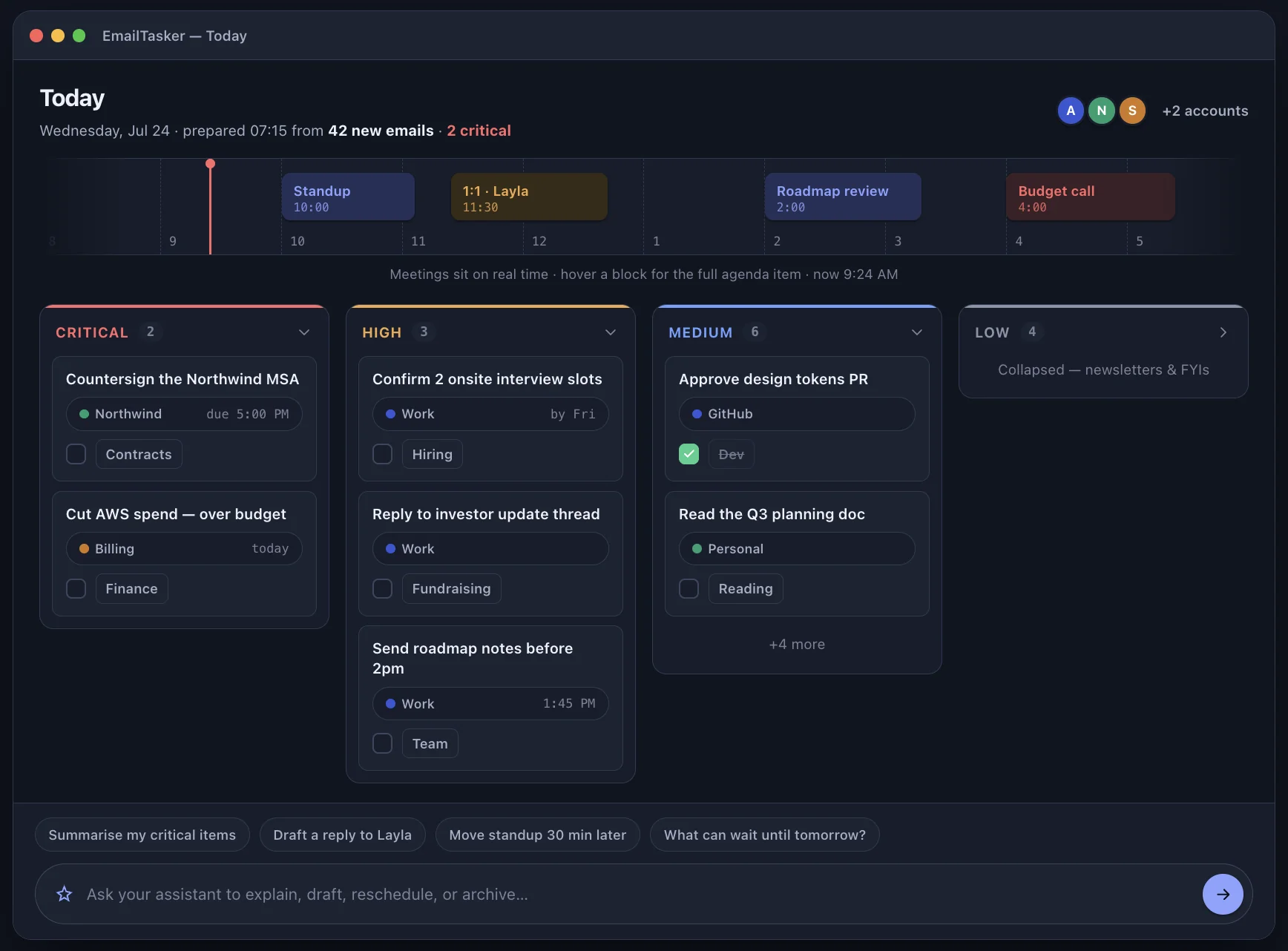 EmailTasker dark Today cockpit with calendar and priority columns
